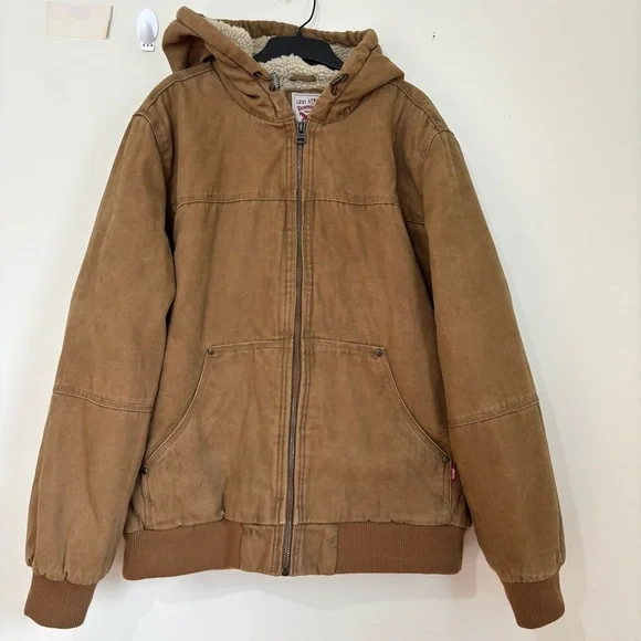 Levi’s Sherpa lined Workwear Brown Washed Canvas Outdoor winter Bomber Jacket XL - Picture 5 of 16